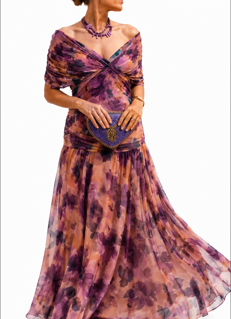Vestido Largo con Hombros Descubiertos - Estampado floral