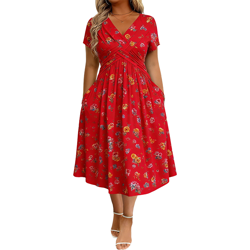 Vestido Floral con Escote en V y Detalle Cruzado en la Cintura - Rojo