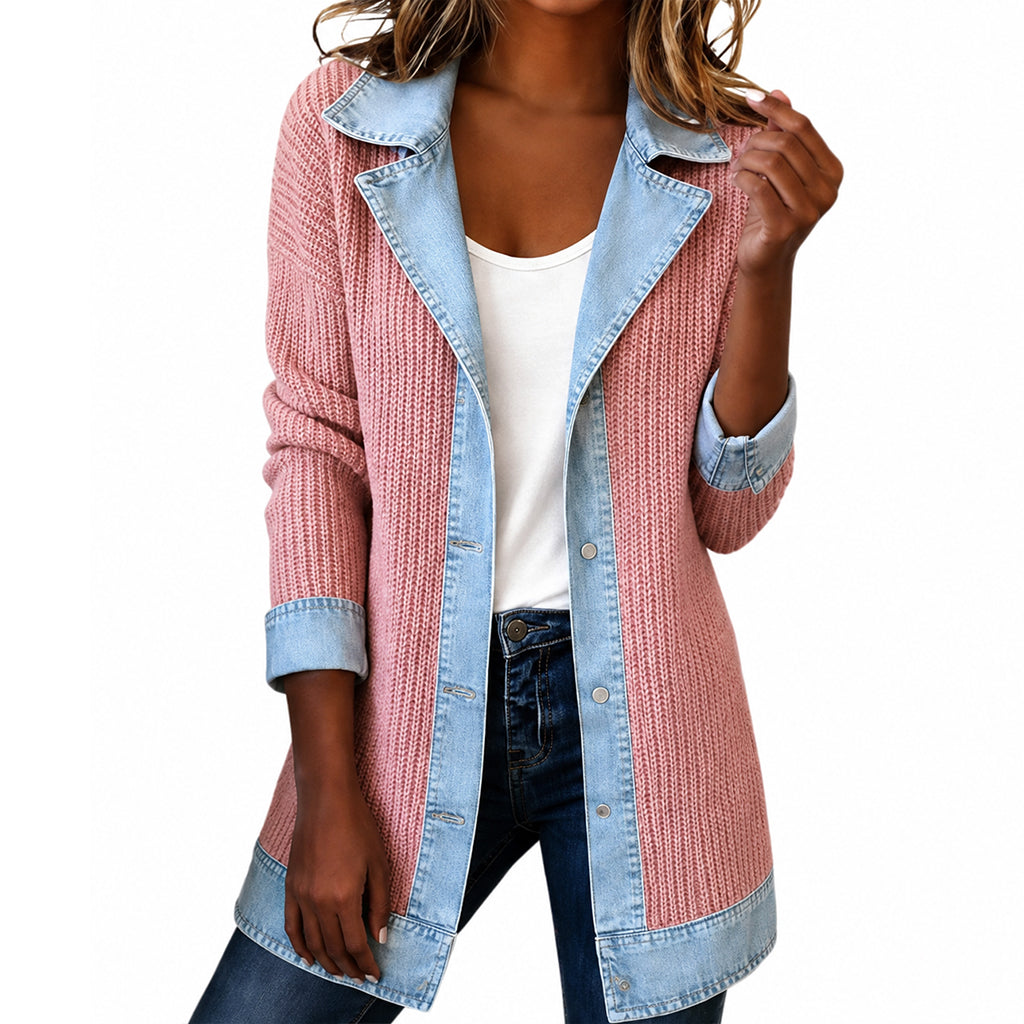 Abrigo Elegante de Denim con Inserto de Punto Canalé - Rosa