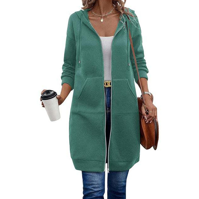 Chaqueta Larga con Capucha, Cremallera y Bolsillos para Mujer - Verde menta