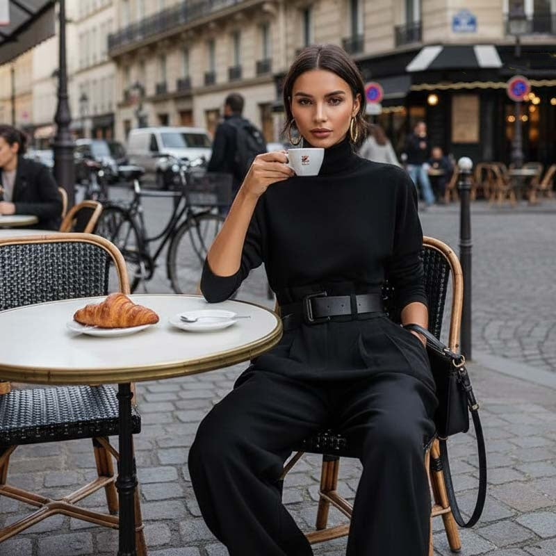 Conjunto Elegante de Dos Piezas: Top de Cuello Alto y Pantalón de Talle Alto