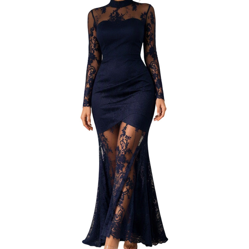 Vestido Largo de Manga Larga con Detalle de Encaje - Azul real