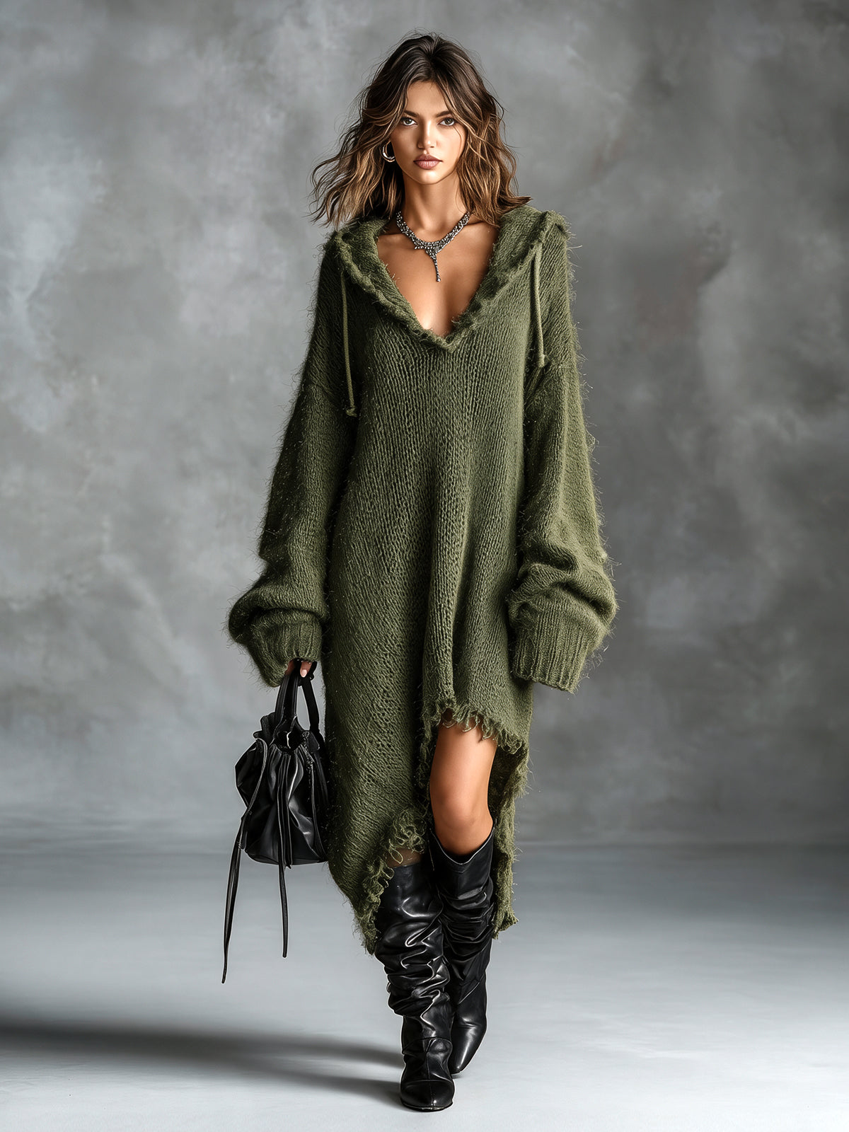 Vestido Midi Oversize de Punto Afelpado con Capucha