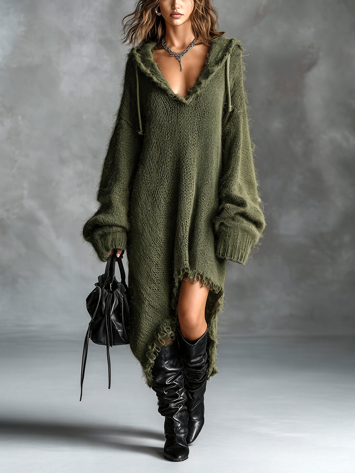 Vestido Midi Oversize de Punto Afelpado con Capucha - Verde militar