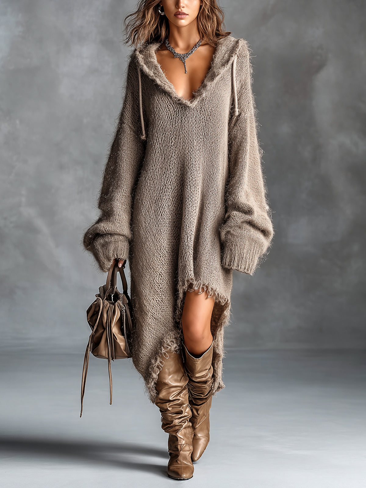 Vestido Midi Oversize de Punto Afelpado con Capucha - Marrón