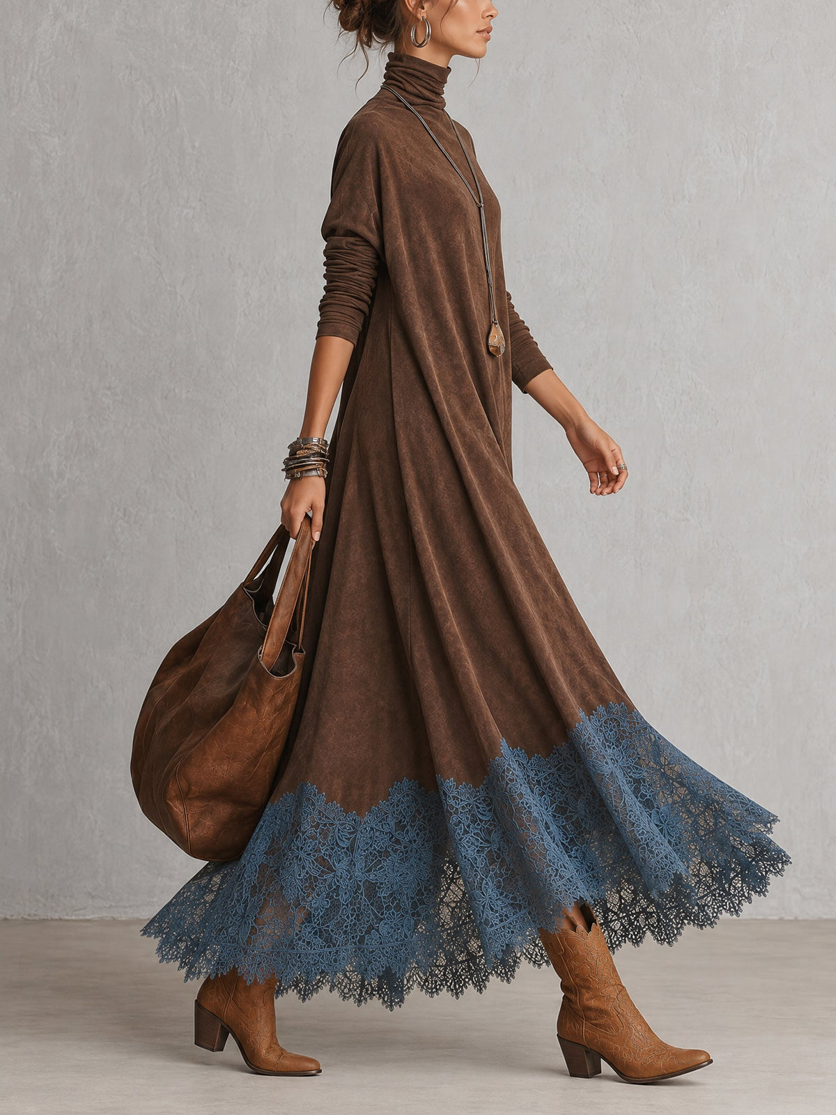 Vestido Largo Efecto Ante con Bajo de Encaje