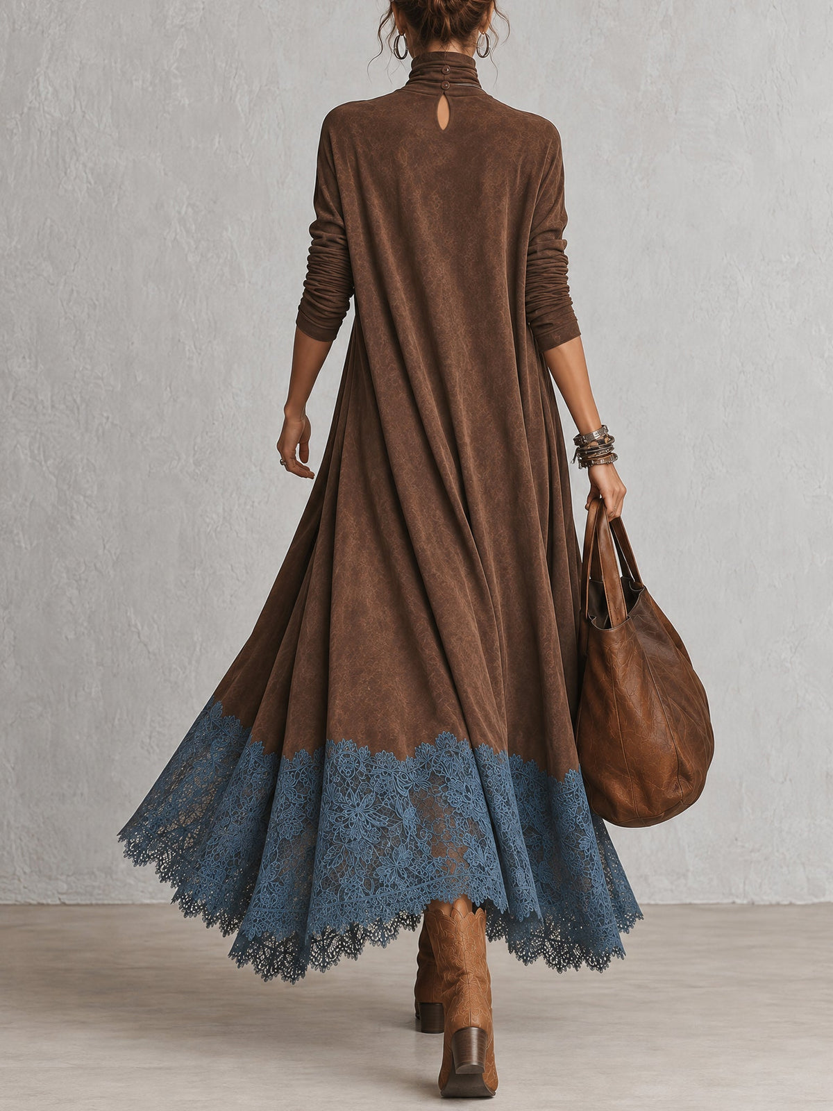 Vestido Largo Efecto Ante con Bajo de Encaje
