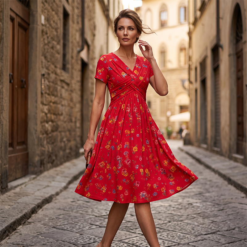 Vestido Floral con Escote en V y Detalle Cruzado en la Cintura