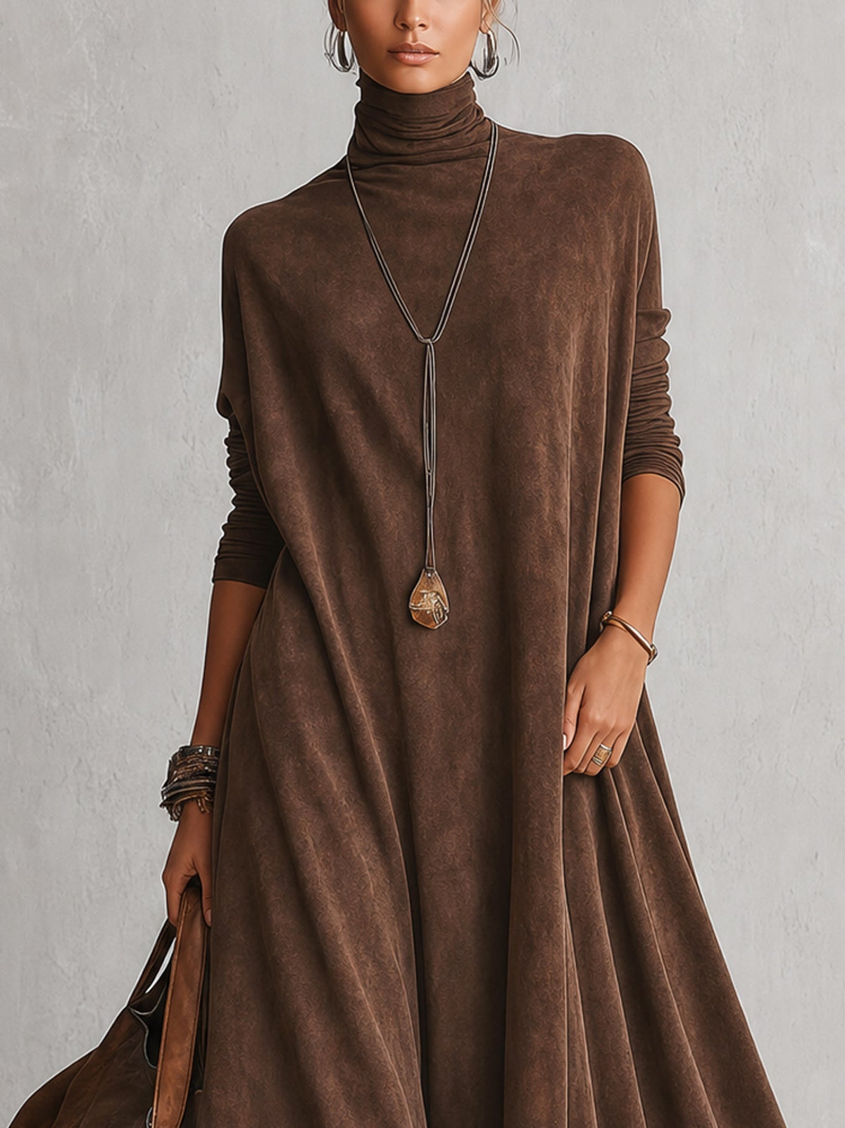 Vestido Largo Efecto Ante con Bajo de Encaje