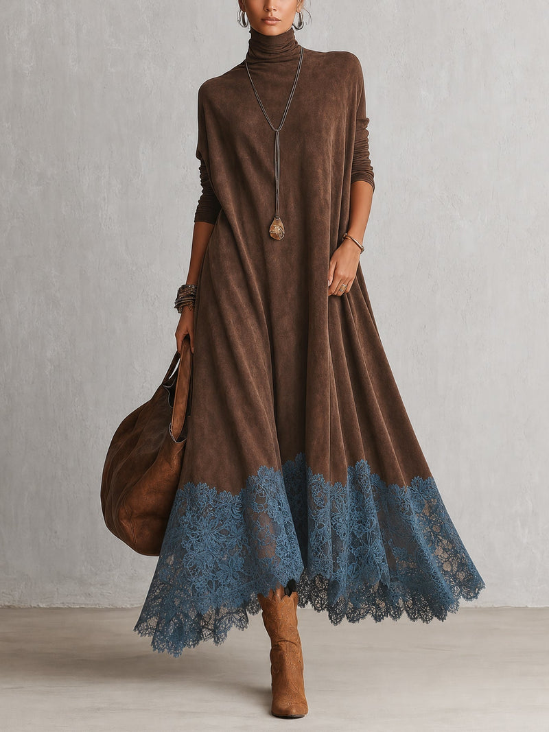 Vestido Largo Efecto Ante con Bajo de Encaje - Marrón