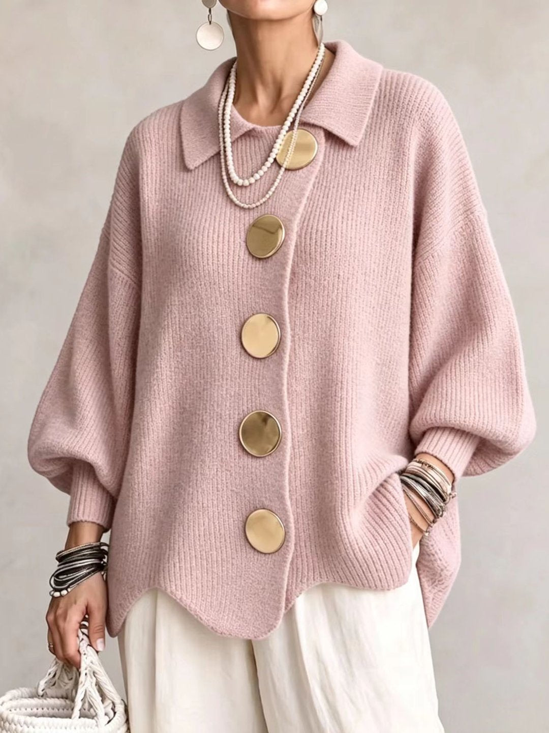 Cárdigan Oversize con Cuello y Botones Metálicos