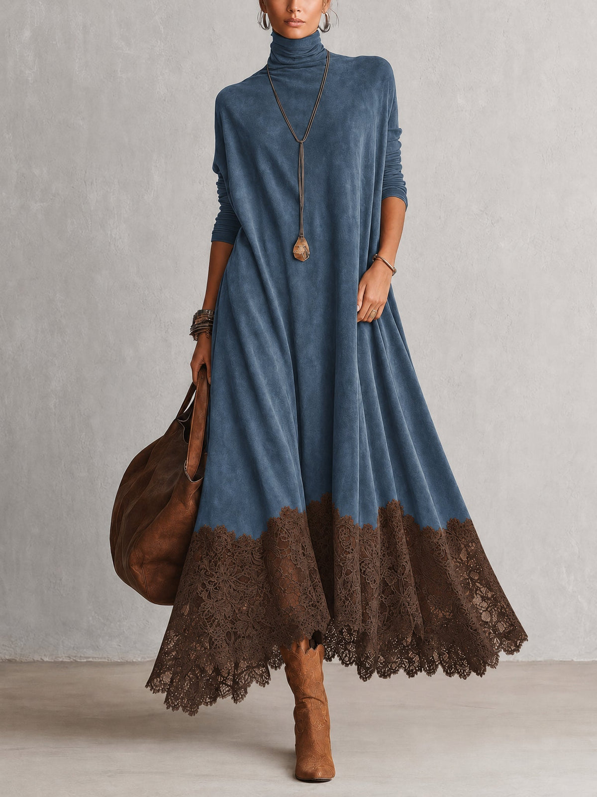 Vestido Largo Efecto Ante con Bajo de Encaje - Azul