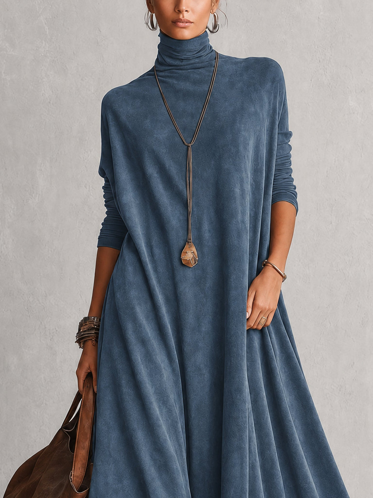 Vestido Largo Efecto Ante con Bajo de Encaje