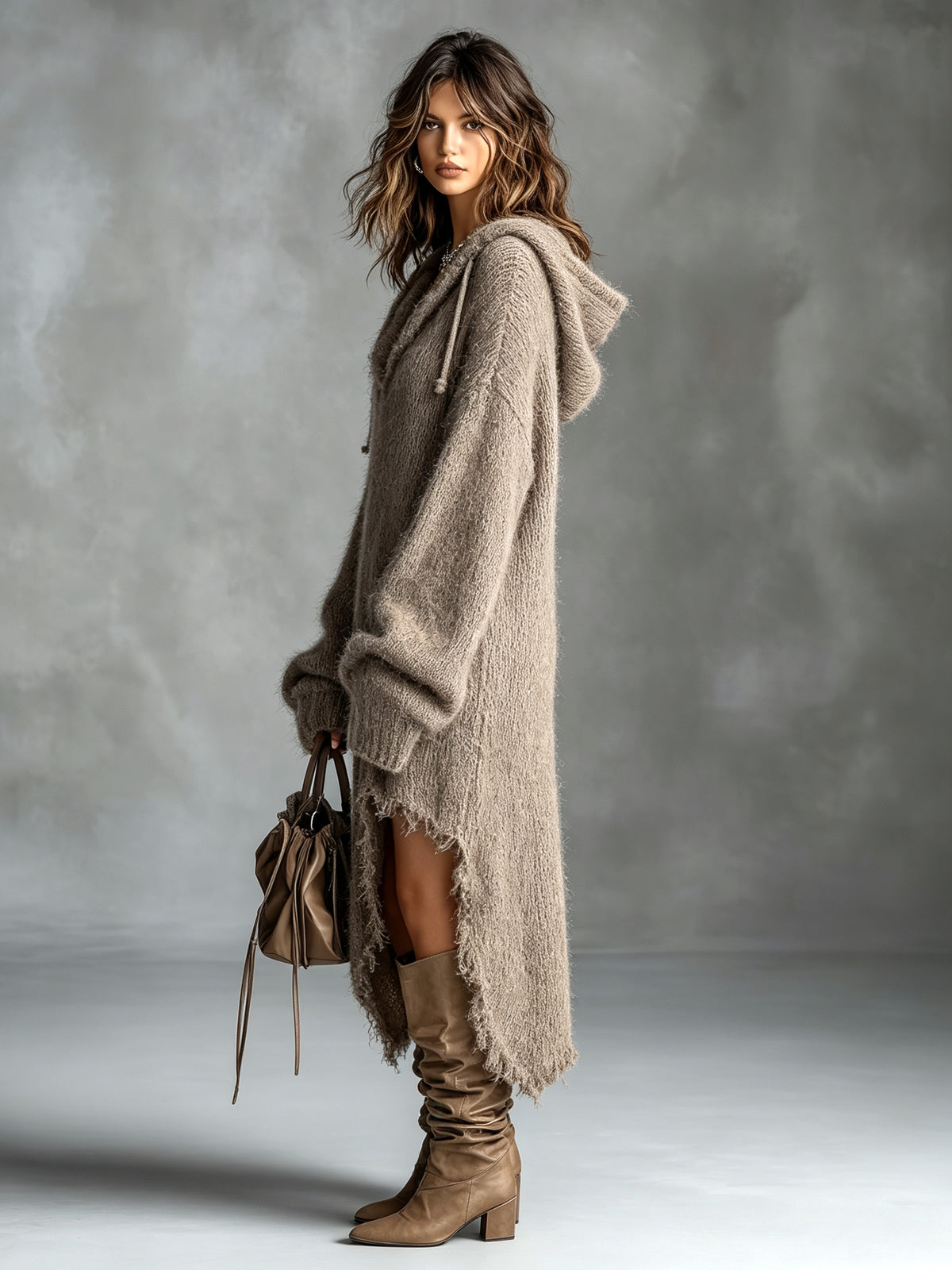 Vestido Midi Oversize de Punto Afelpado con Capucha