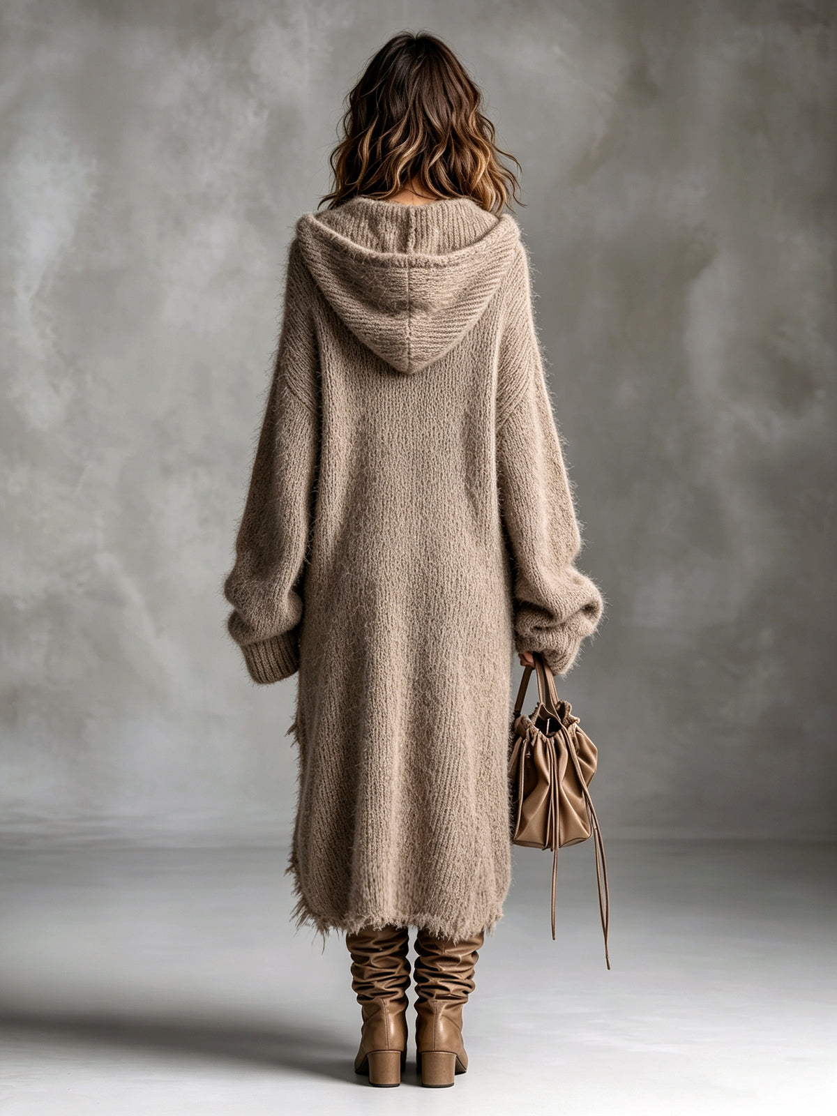 Vestido Midi Oversize de Punto Afelpado con Capucha