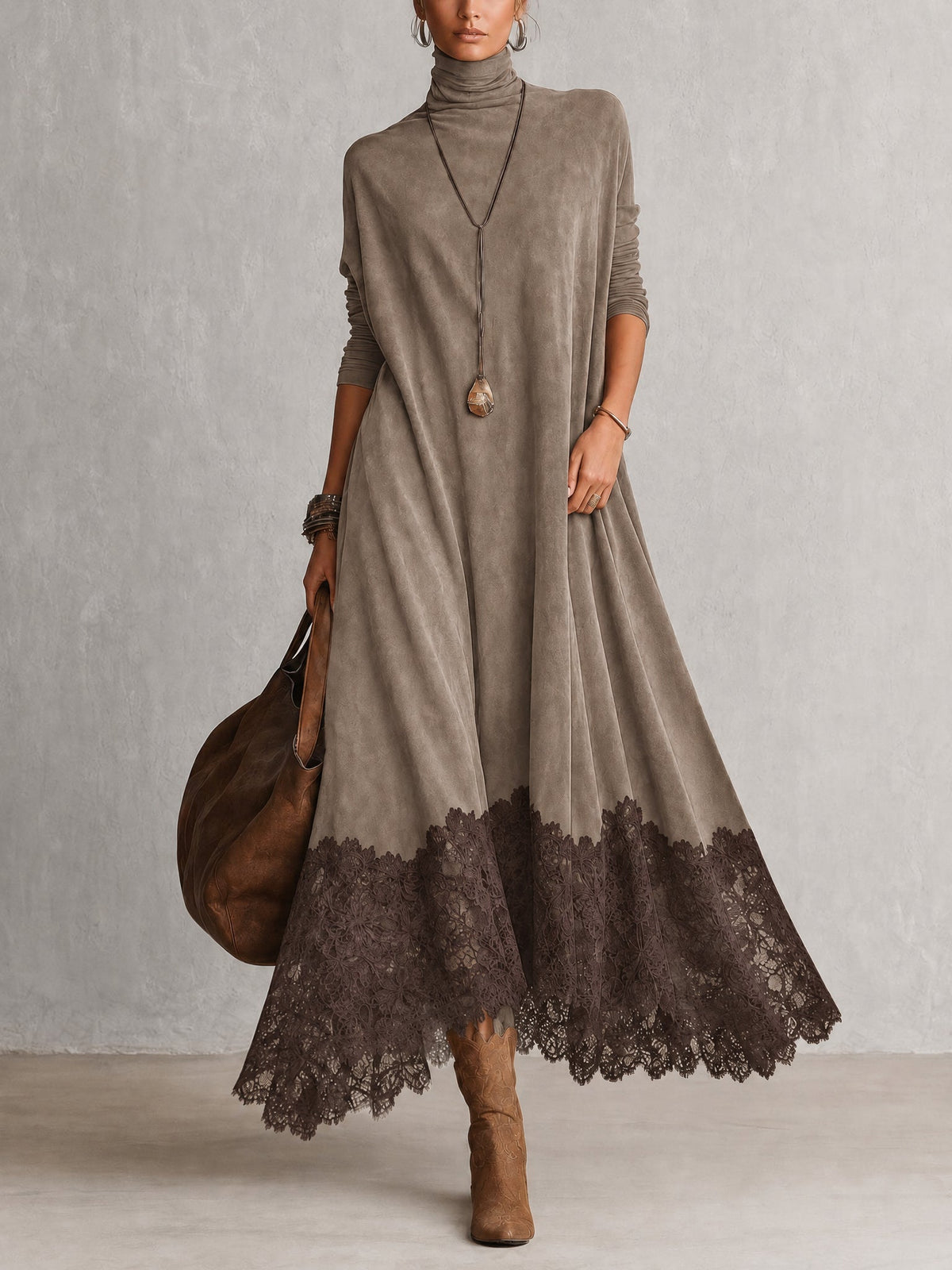 Vestido Largo Efecto Ante con Bajo de Encaje - Topo