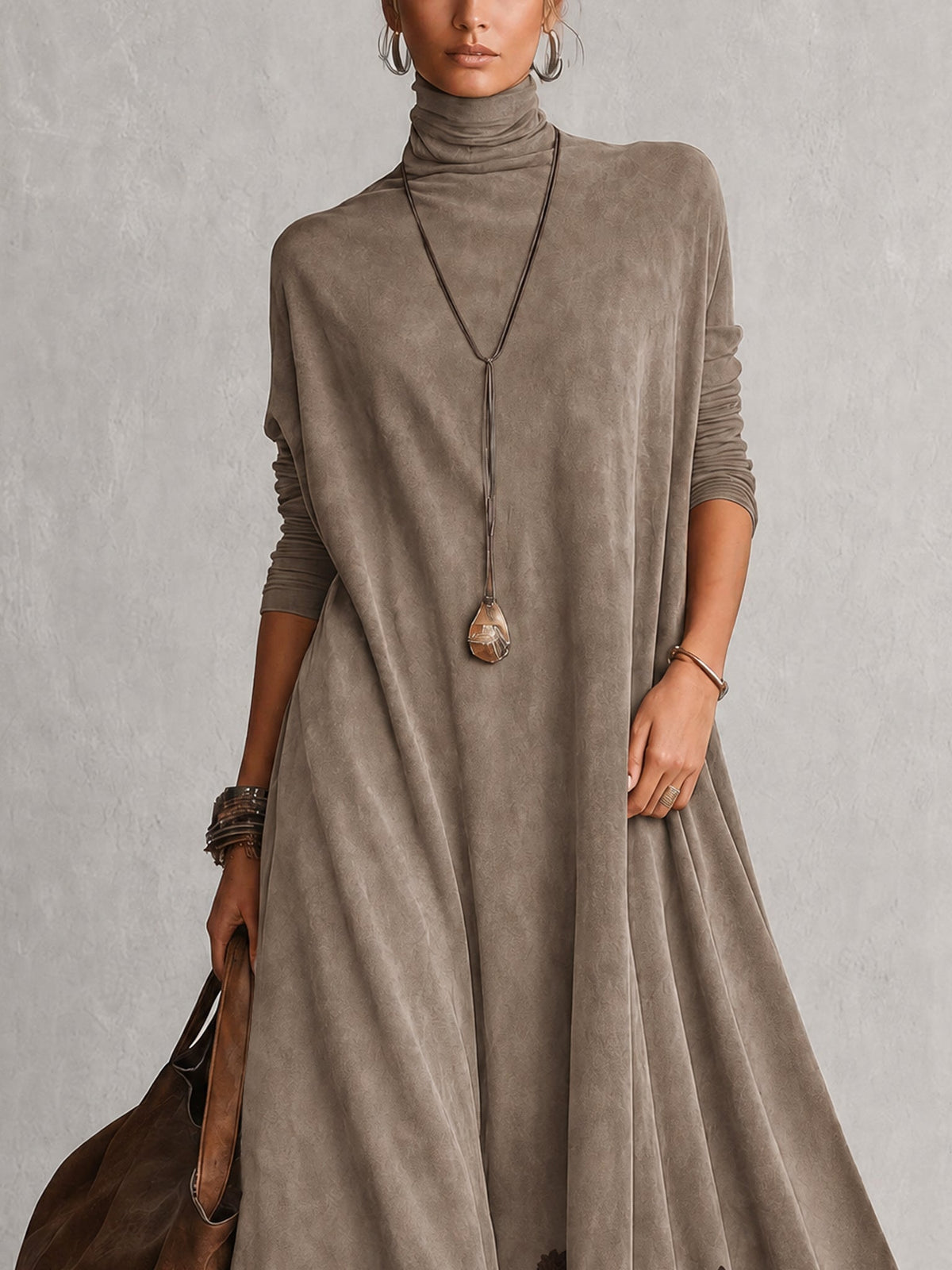 Vestido Largo Efecto Ante con Bajo de Encaje