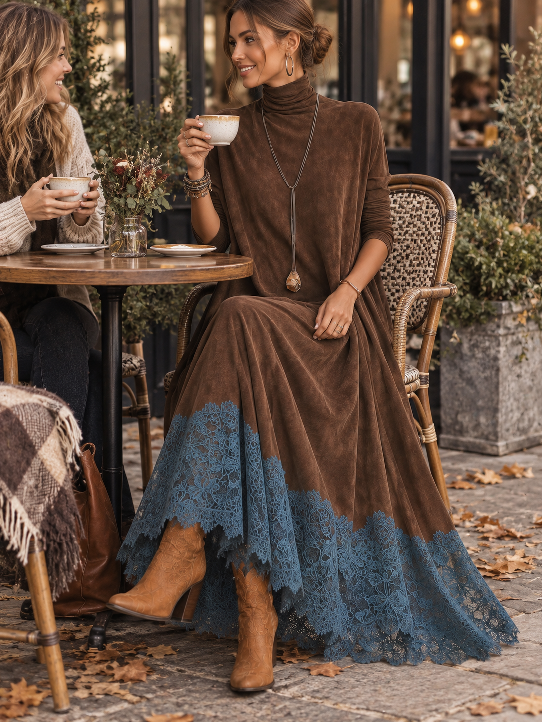 Vestido Largo Efecto Ante con Bajo de Encaje