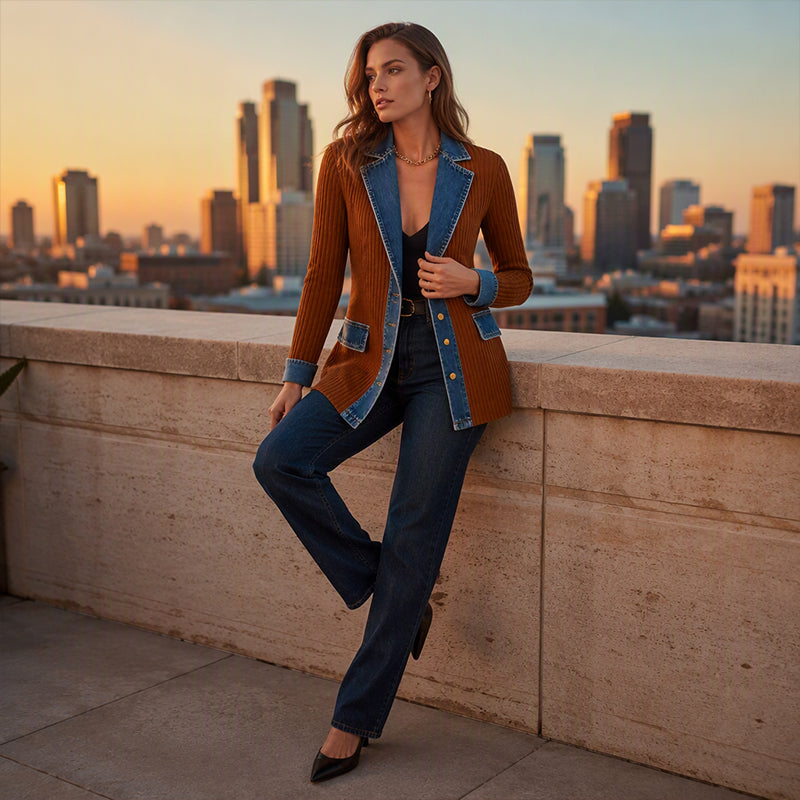 Abrigo Elegante de Denim con Inserto de Punto Canalé