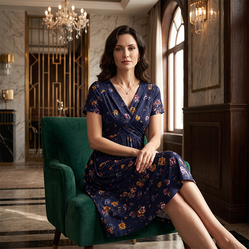 Vestido Floral con Escote en V y Detalle Cruzado en la Cintura
