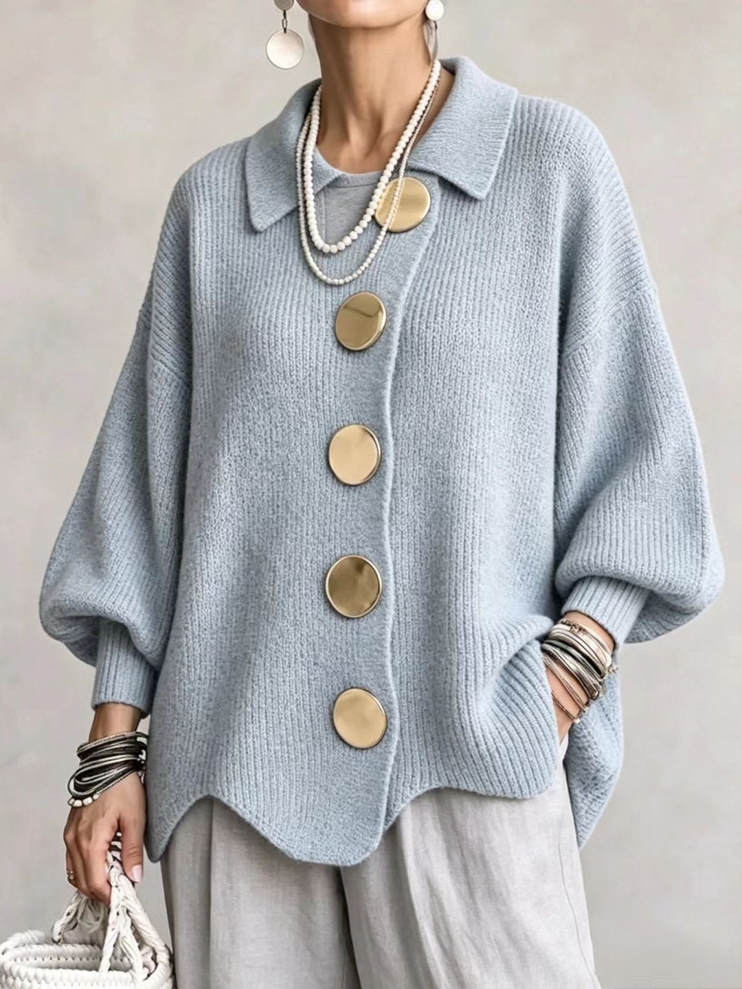 Cárdigan Oversize con Cuello y Botones Metálicos - Azul claro