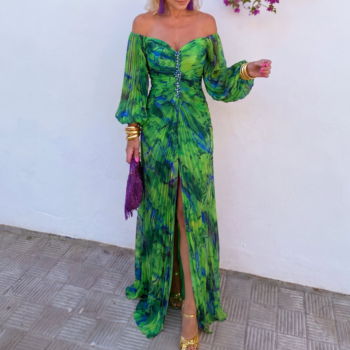 Vestido Largo Floral con Estampado - Verde