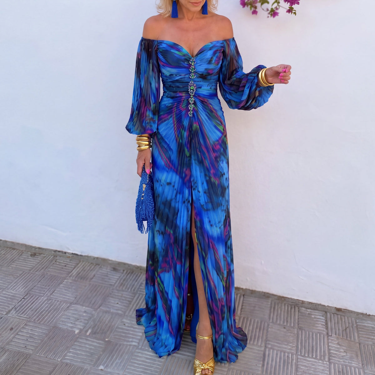 Vestido Largo Floral con Estampado - Azul