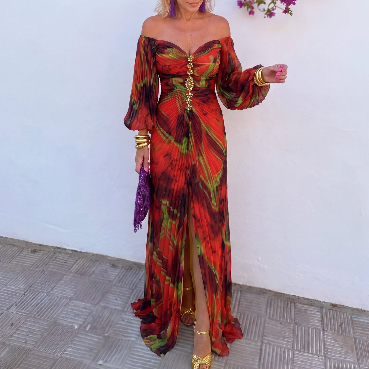 Vestido Largo Floral con Estampado - Vino Tinto