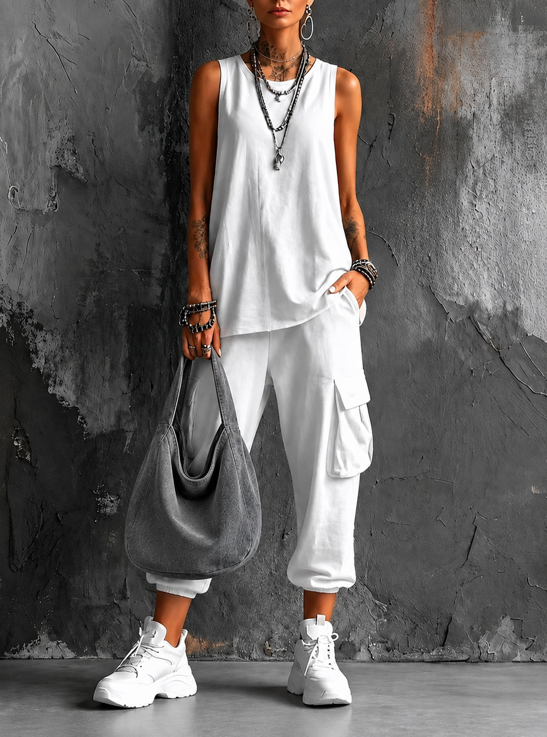Conjunto Casual de Confort Urbano - Blanco+Bolso gris
