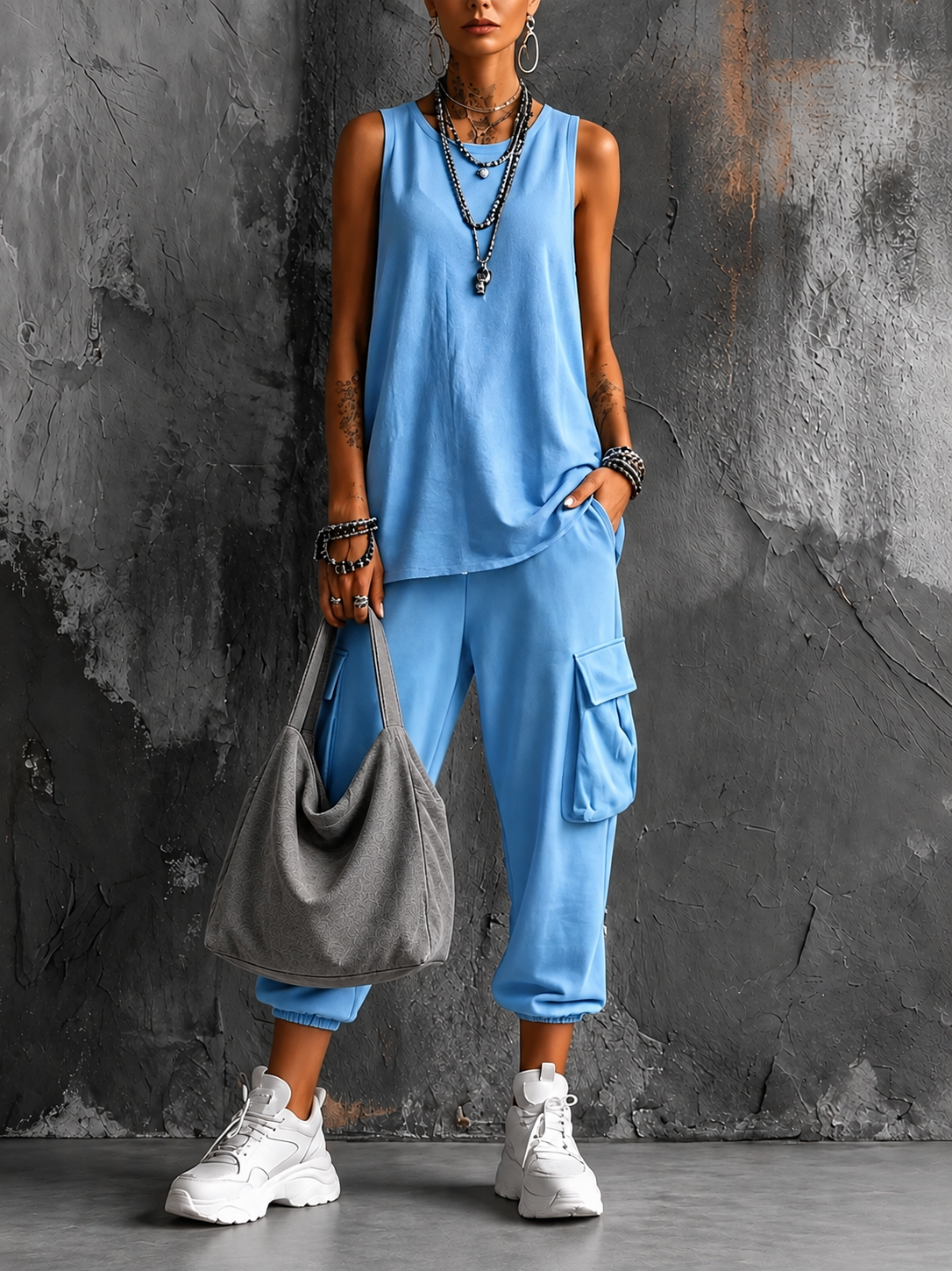 Conjunto Casual de Confort Urbano - Celeste+Bolso gris