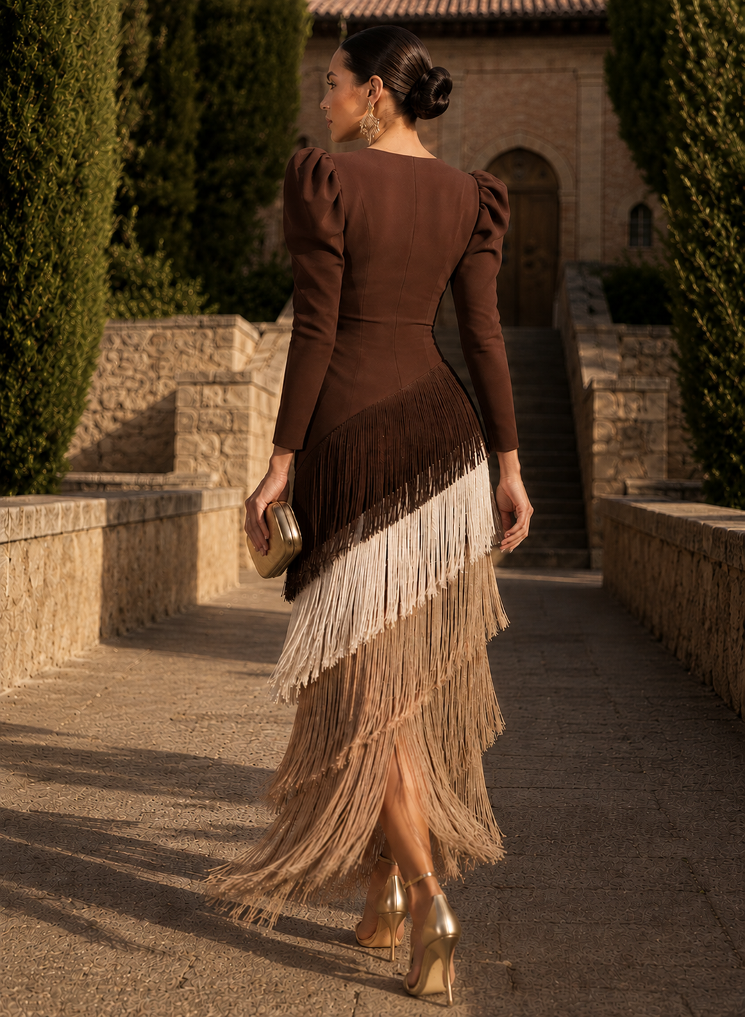 Vestido Midi de Flecos con Escote en V