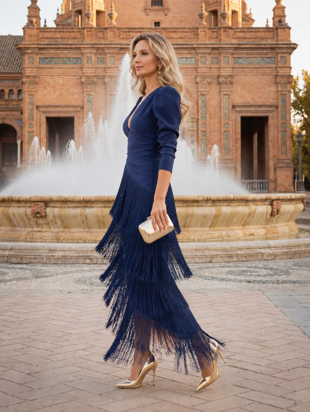 Vestido Midi de Flecos con Escote en V