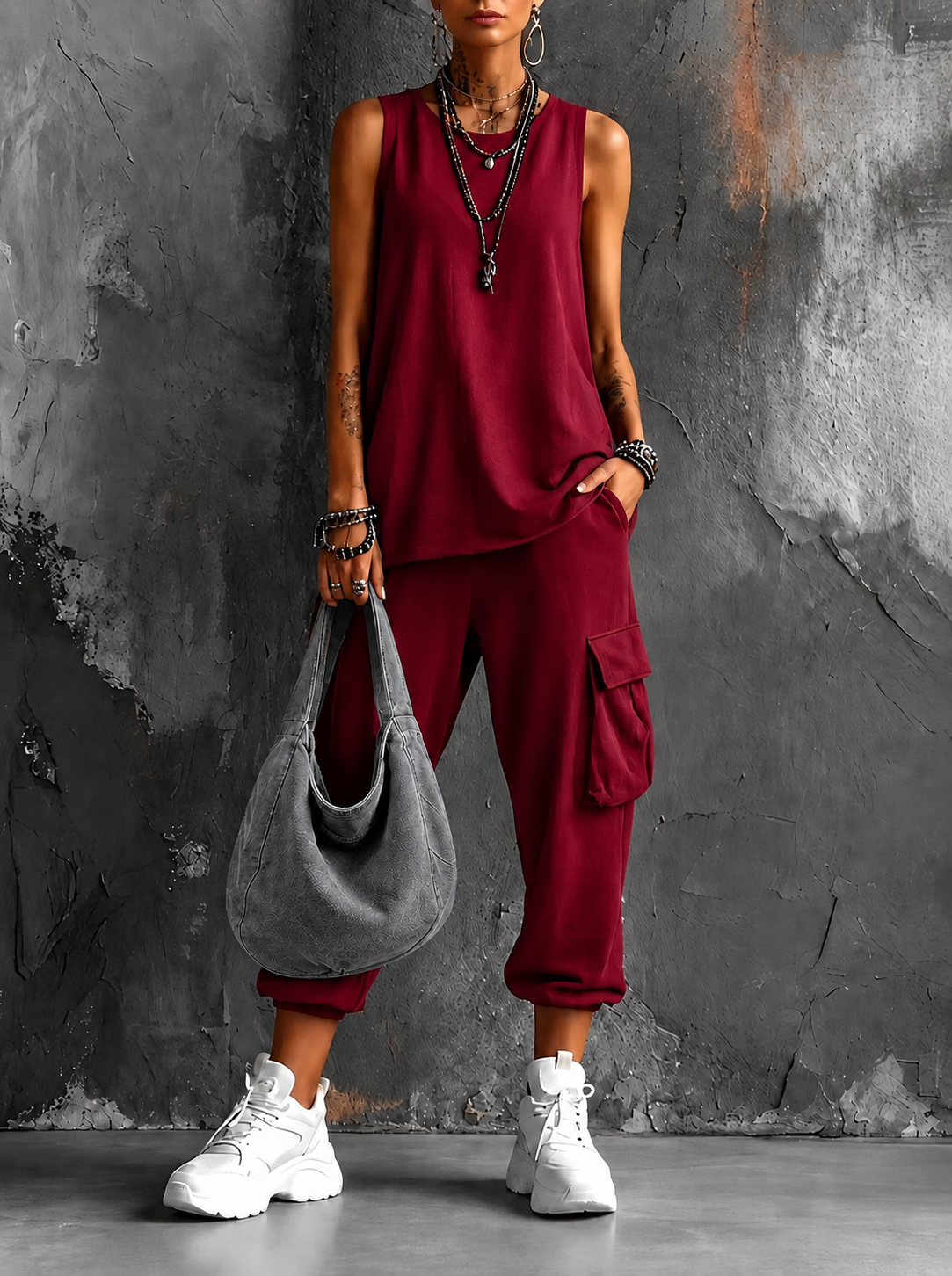 Conjunto Casual de Confort Urbano - Rojo+Bolso gris