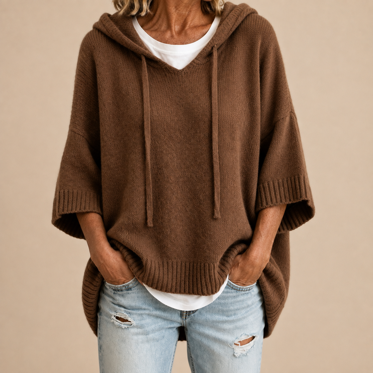 Poncho de Punto con Capucha y Manga Tres Cuartos - Marrón