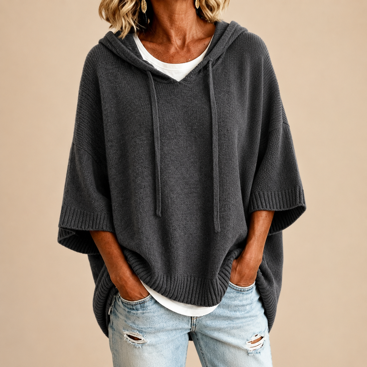 Poncho de Punto con Capucha y Manga Tres Cuartos - Gris