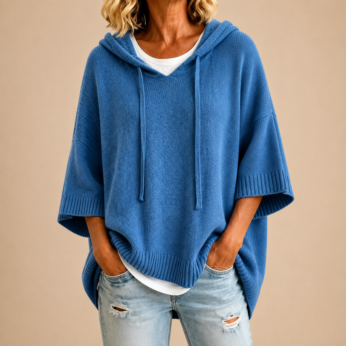 Poncho de Punto con Capucha y Manga Tres Cuartos - Azul