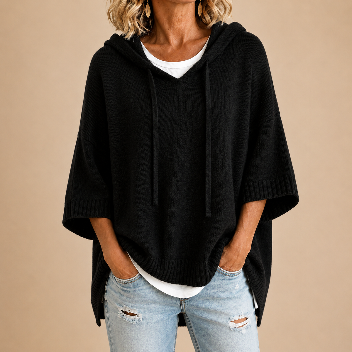 Poncho de Punto con Capucha y Manga Tres Cuartos - Negro