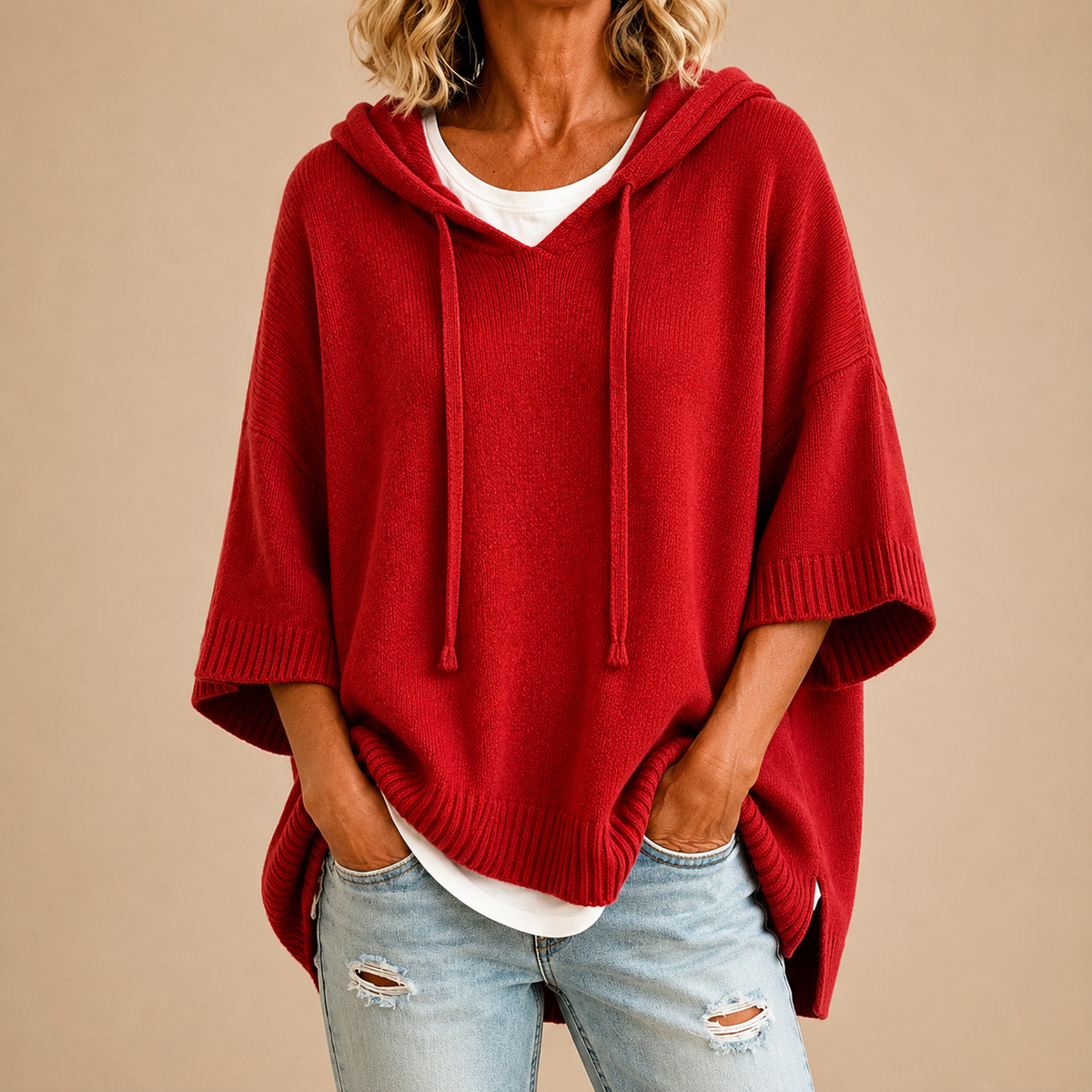 Poncho de Punto con Capucha y Manga Tres Cuartos - Rojo