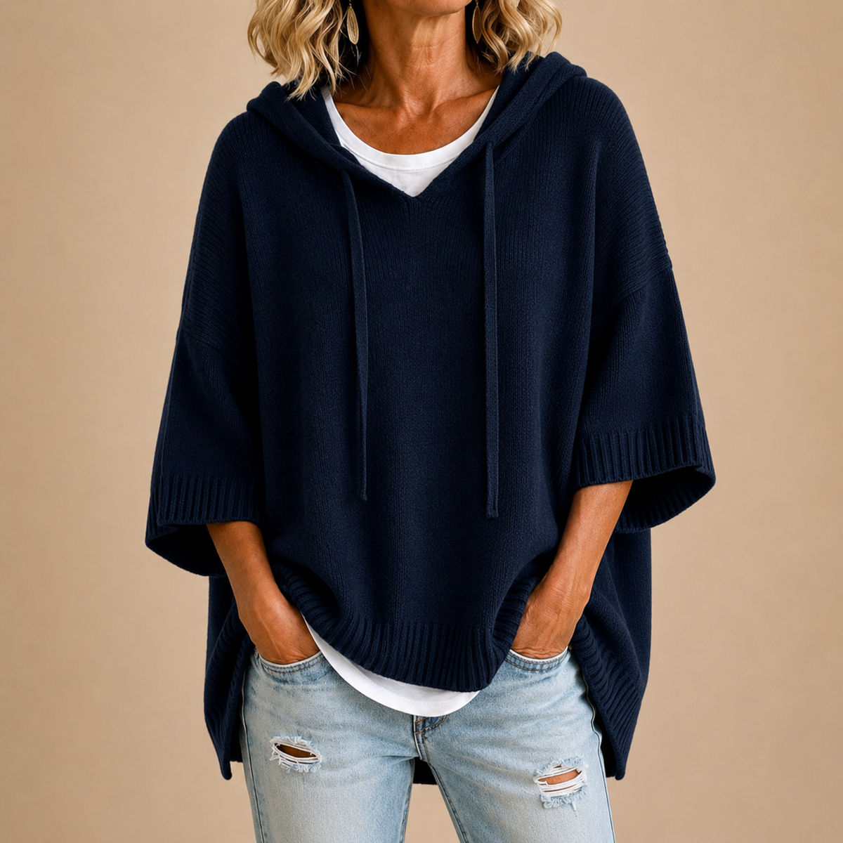 Poncho de Punto con Capucha y Manga Tres Cuartos - Azul marino