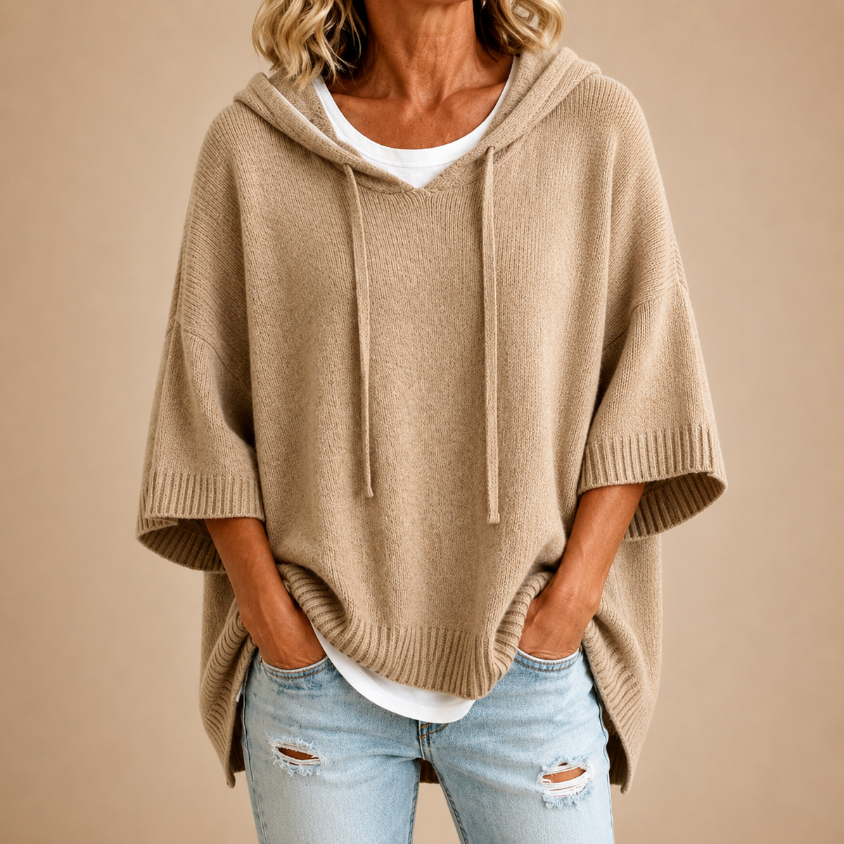 Poncho de Punto con Capucha y Manga Tres Cuartos - Caqui