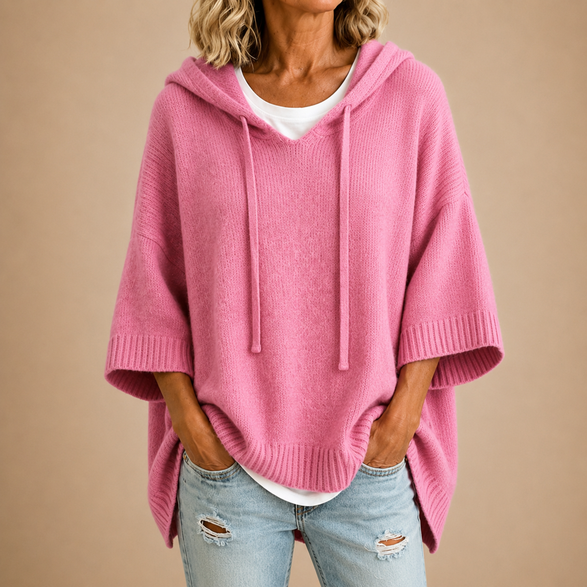 Poncho de Punto con Capucha y Manga Tres Cuartos - Rosa