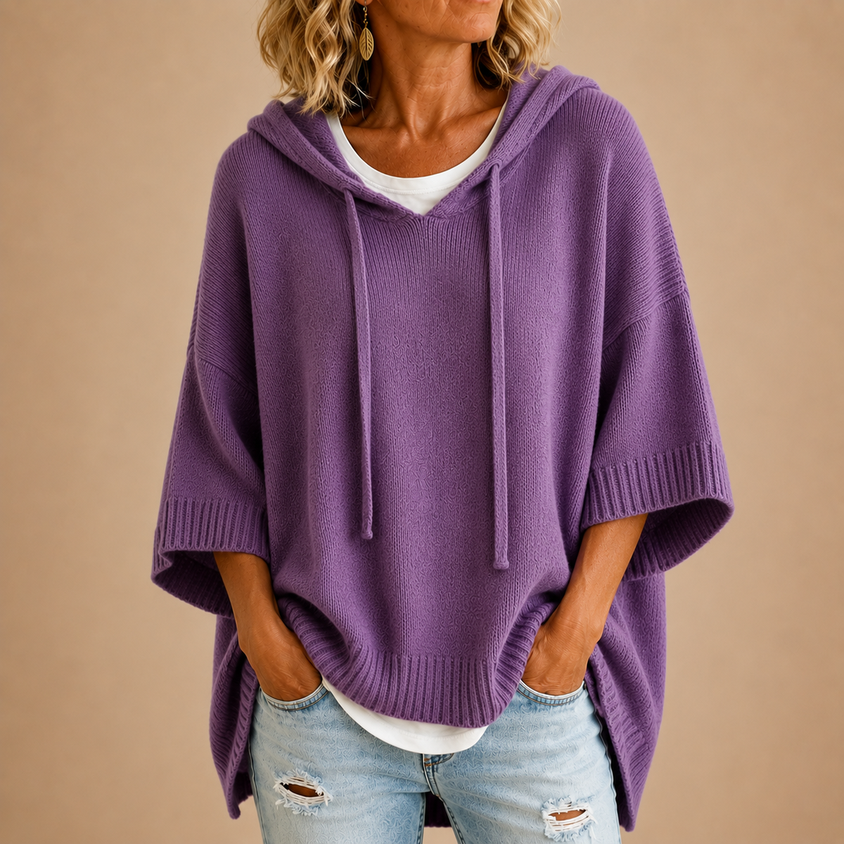 Poncho de Punto con Capucha y Manga Tres Cuartos - Morado
