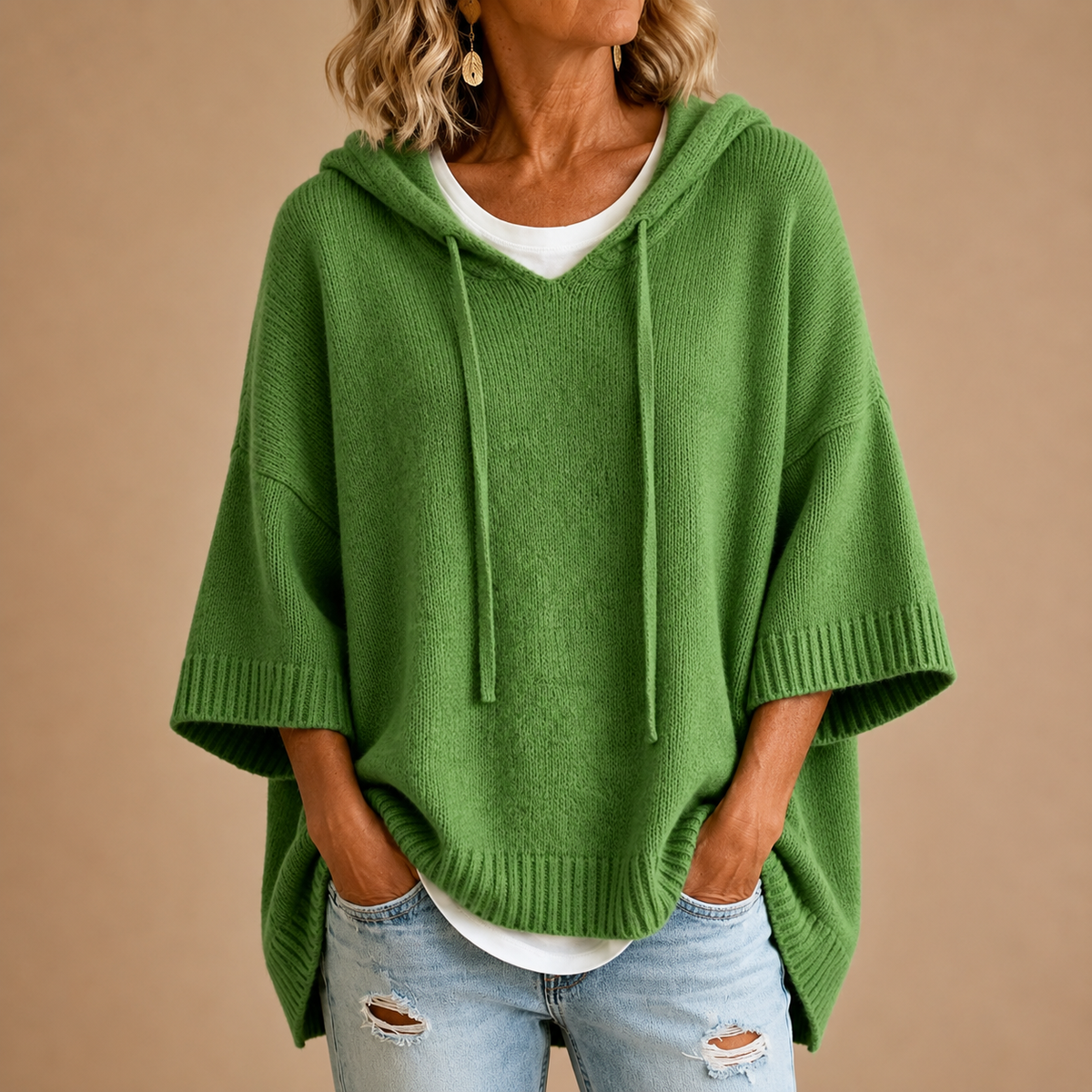 Poncho de Punto con Capucha y Manga Tres Cuartos - Verde