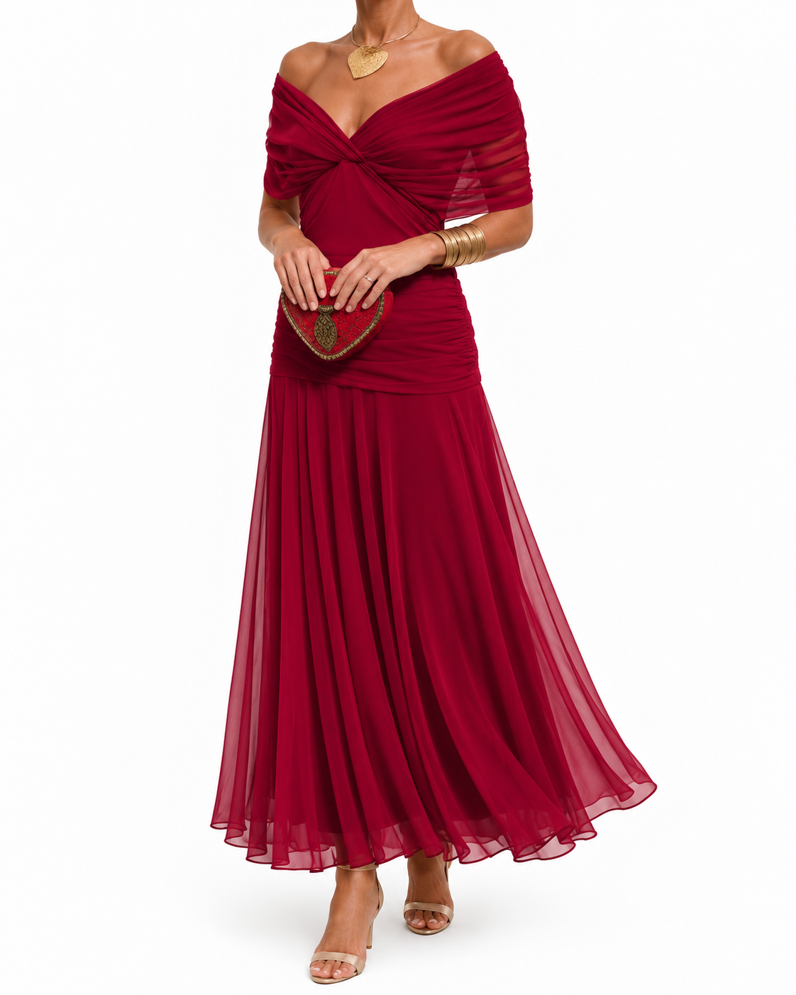 Vestido Largo con Hombros Descubiertos - Rojo