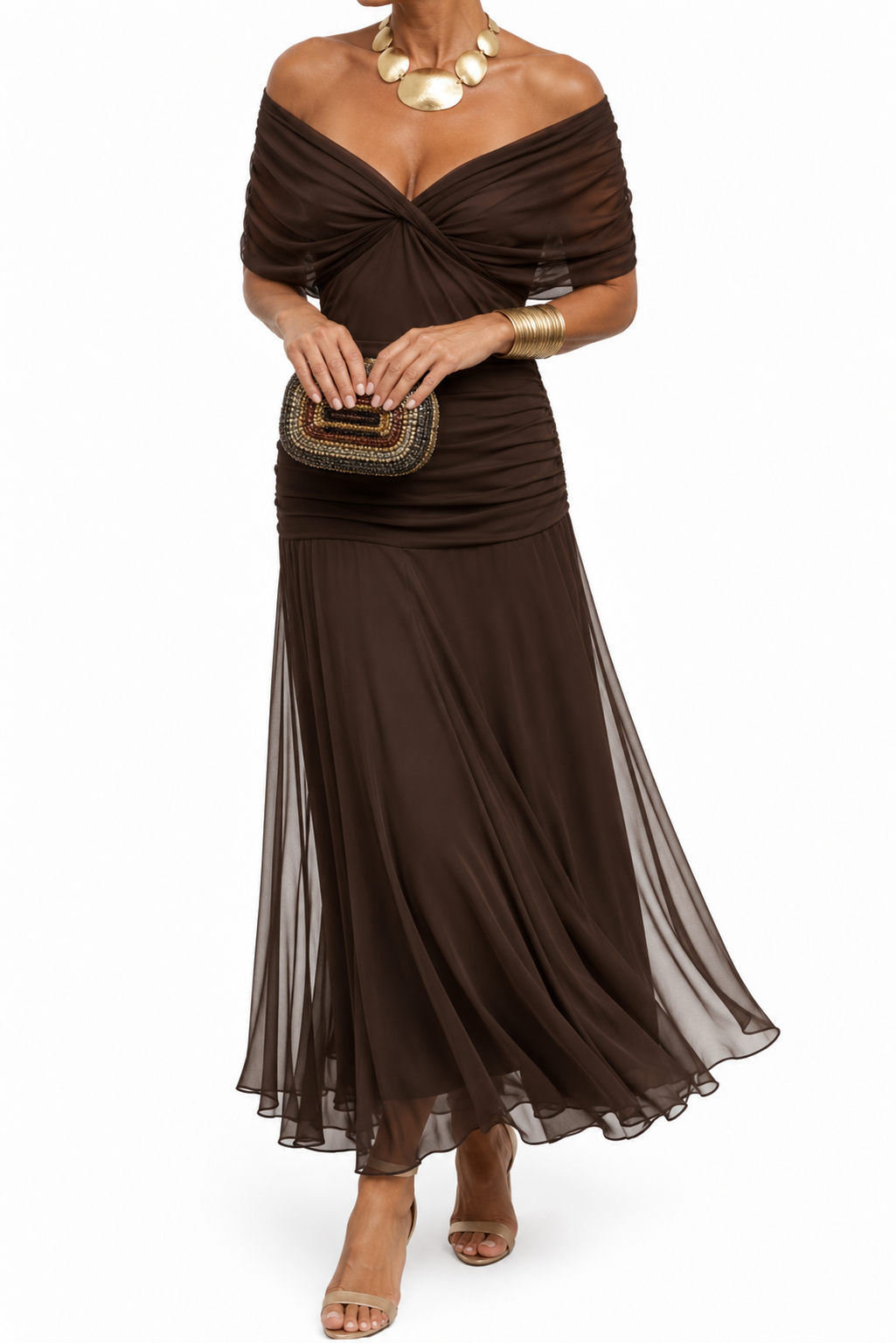 Vestido Largo con Hombros Descubiertos - Marrón