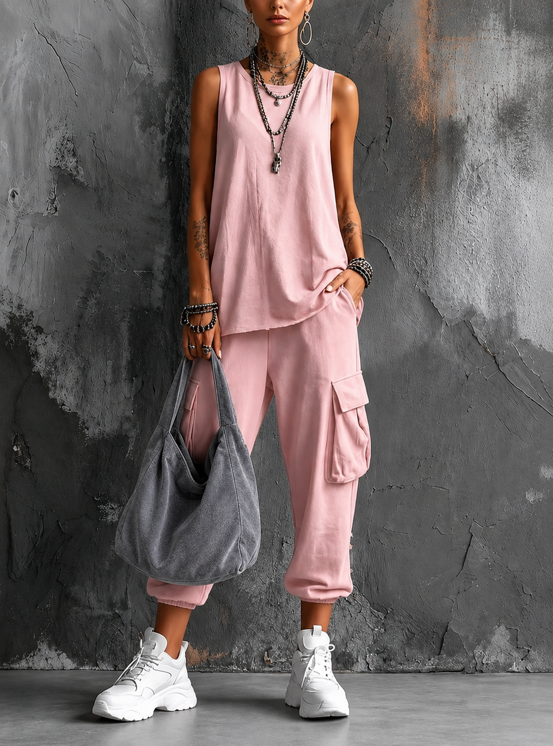 Conjunto Casual de Confort Urbano - Rosa+Bolso gris