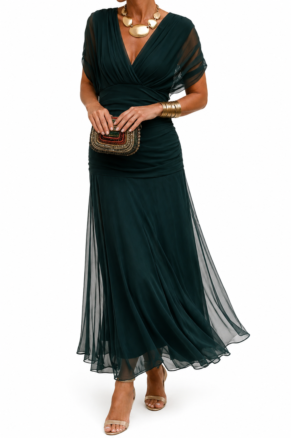 Vestido Largo con Hombros Descubiertos - Verde oscuro