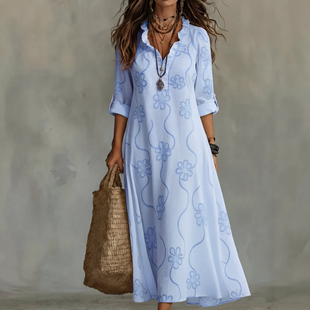 Vestido Floral Elegante - Celeste