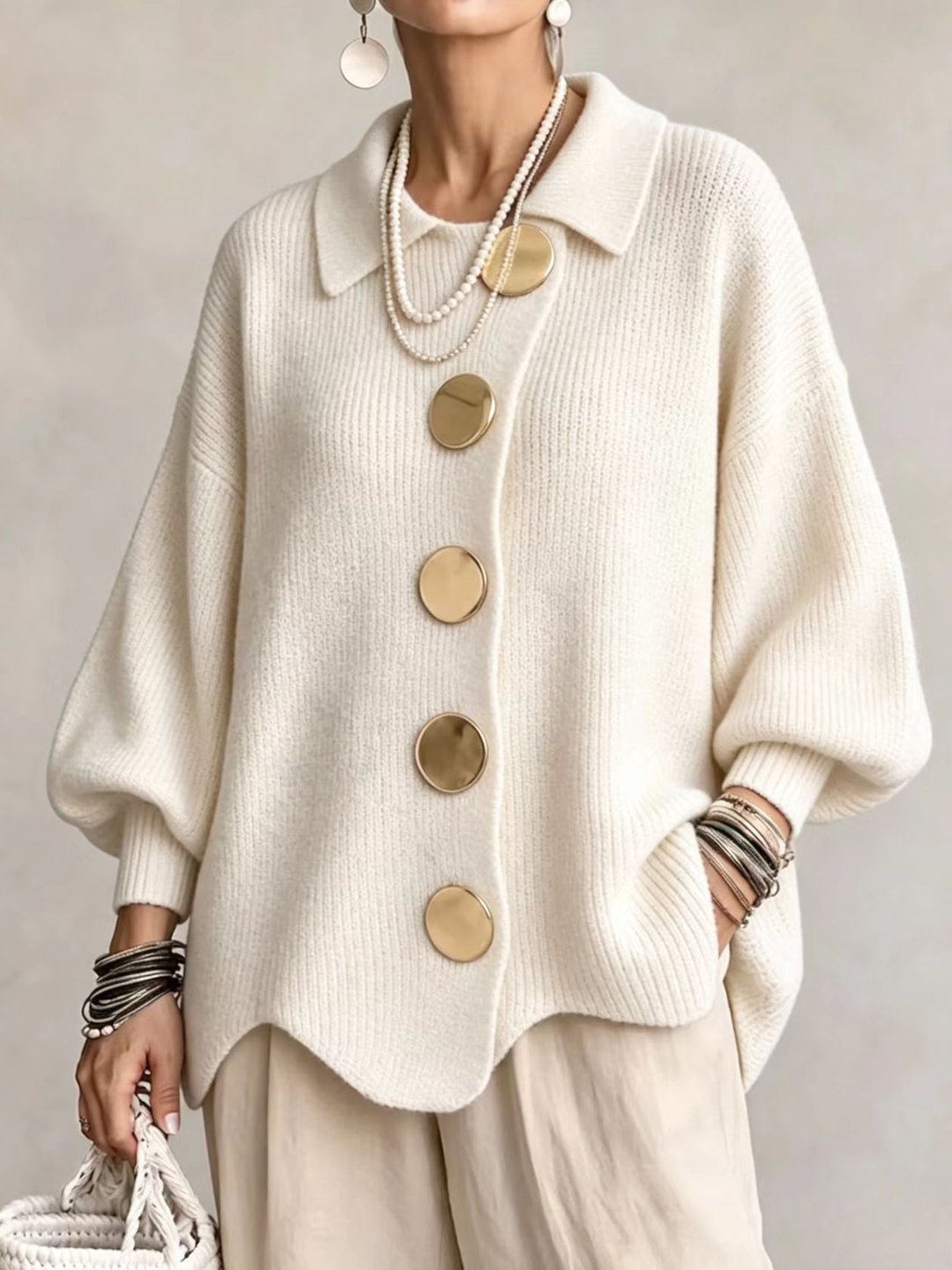 Cárdigan Oversize con Cuello y Botones Metálicos - Crema