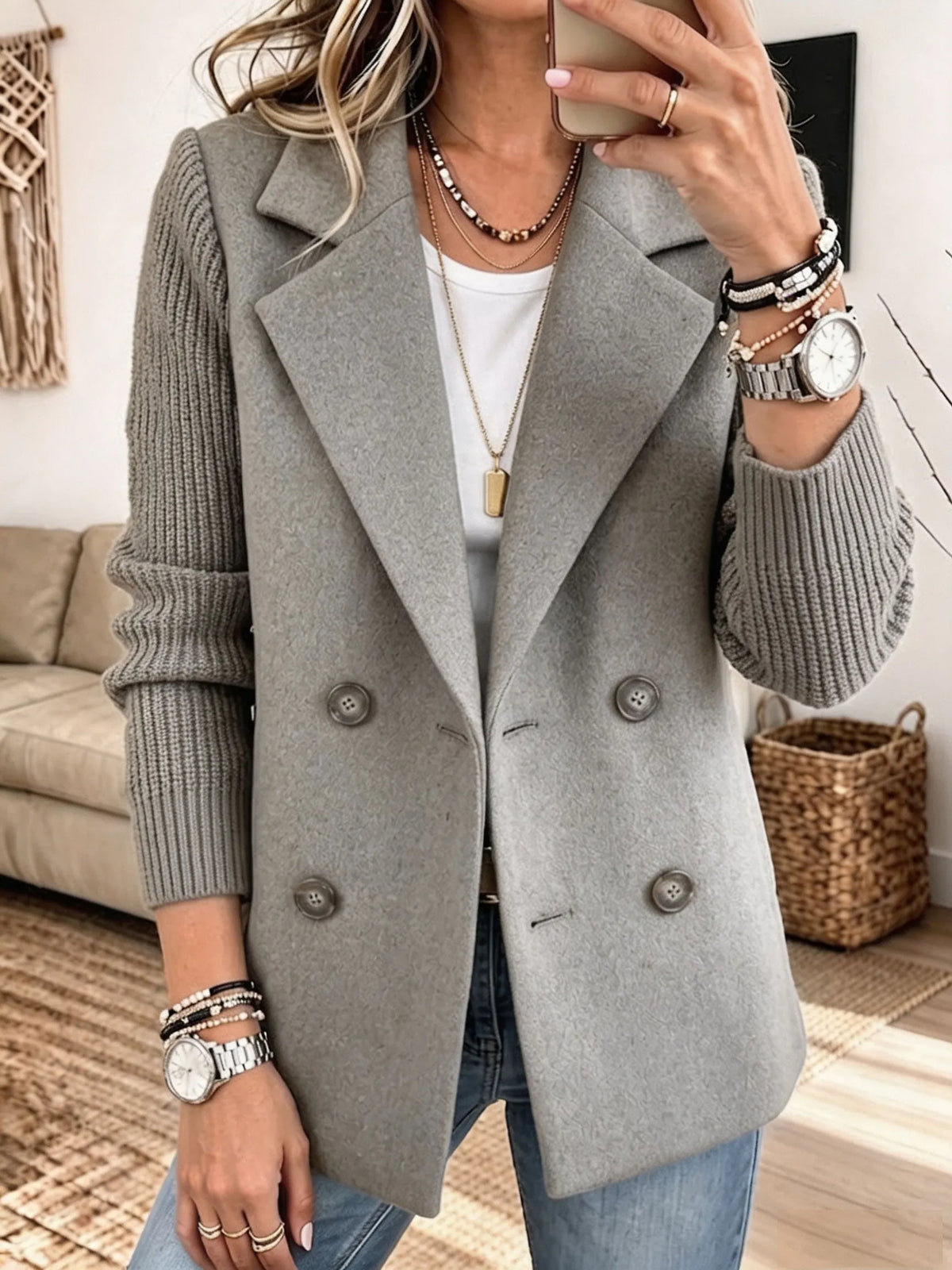 Blazer Elegante con Mangas de Punto - Gris